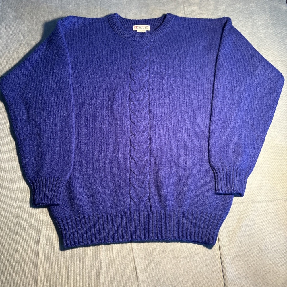 Talbots Vintage Royal Blue 100% Wool Cable Knit Crewneck Sweater Mens Medium